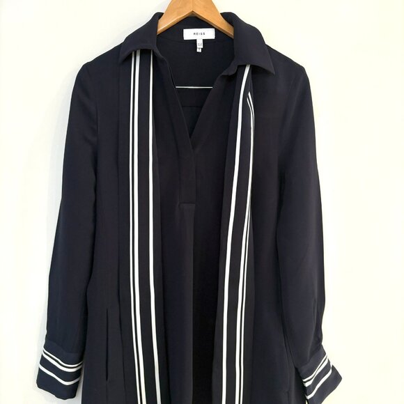 REISS Feya Navy Blue Stripe Detail Mini Dress Long Sleeve Pockets UK 6 US 2 - Picture 3 of 14